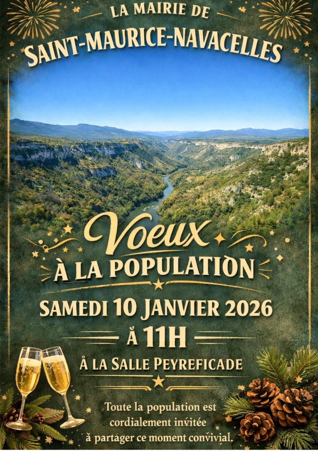 La Maire vous souhaite une belle et heureuse année 2026. M. le Maire et l'ensemble de l'équipe municipale présenteront leurs vœux samedi 10 janvier 2026 à 11h à la Salle Peyreficade. Toute la population est invitée à partager ce moment convivial. 