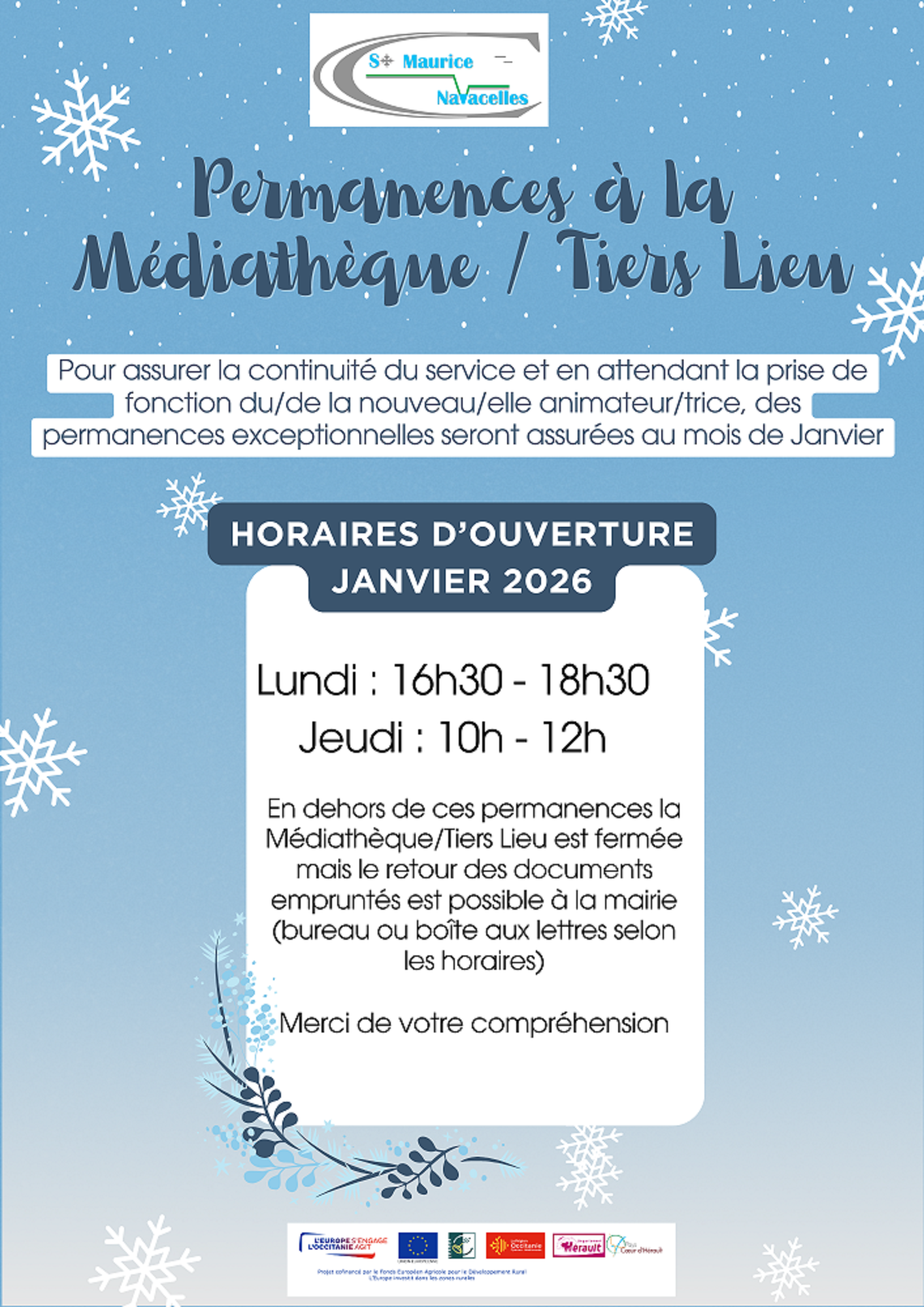 Et en attendant une réouverture "normale" de notre chère Médiathèque/Tiers Lieu, nous tiendrons de permanences en janvier pour vous permettre de continuer vos lectures !