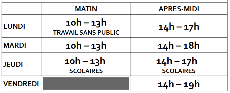 Document présentant les nouveaux horaires de la médiathèque tiers lieu Georgette Milhau à compter du 09 février 2026 sont les suivants :
Le lundi une ouverture de 10h –à 13h, pour un TRAVAIL SANS PUBLIC, et de 14h  à 17h.
Le mardi une ouverture de 10h à 13h et de 14h  à 18h.
Le jeudi une ouverture réservée aux scolaires de10h à 13h et de 14h  à 17h.
Le vendredi une ouverture de 14h  à 19h.