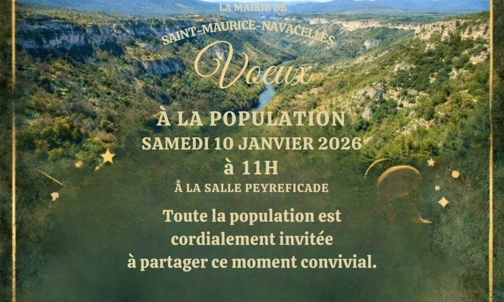 La Maire vous souhaite une belle et heureuse année 2026. M. le Maire et l'ensemble de l'équipe municipale présenteront leurs vœux samedi 10 janvier 2026 à 11h à la Salle Peyreficade. Toute la population est invitée à partager ce moment convivial.